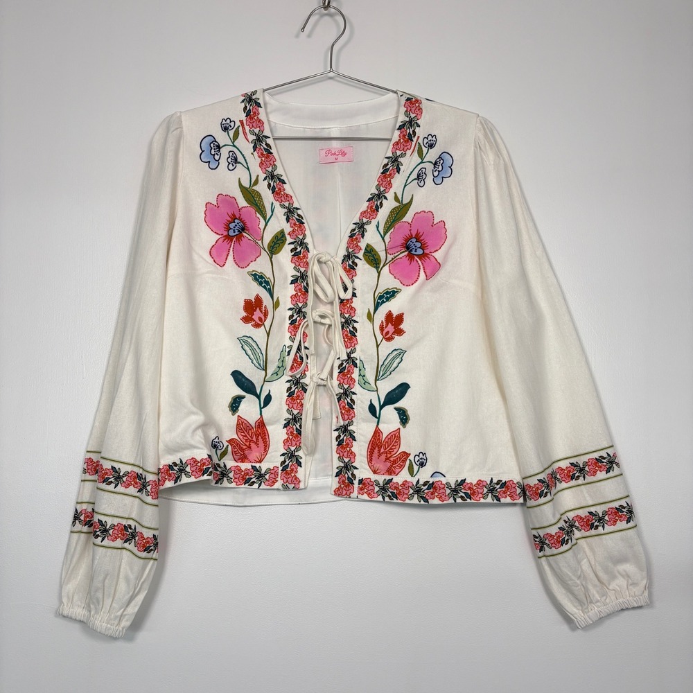 Pink Lily Women Cardigan M White Floral Embroidered 3 Tie Front Long Sleeve Boho